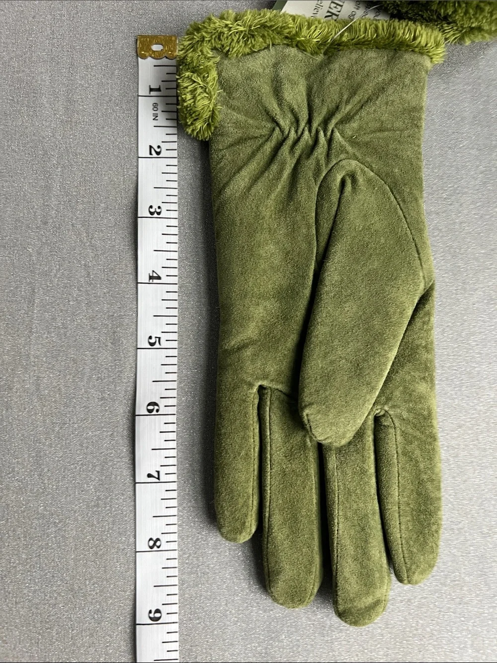 isotoner | Olive Green Suede Gloves with Plush Fringe Cuff #883J4 NWT Size M